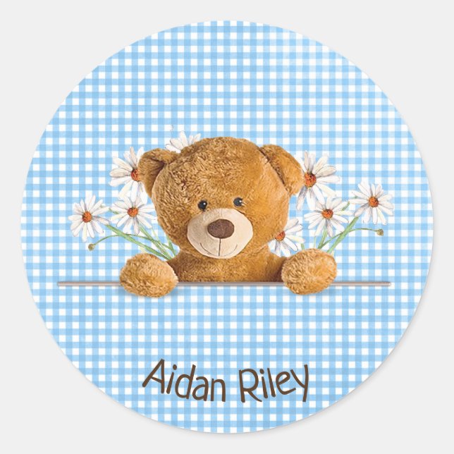 teddy bear and daisies on blue gingham classic round sticker (Front)
