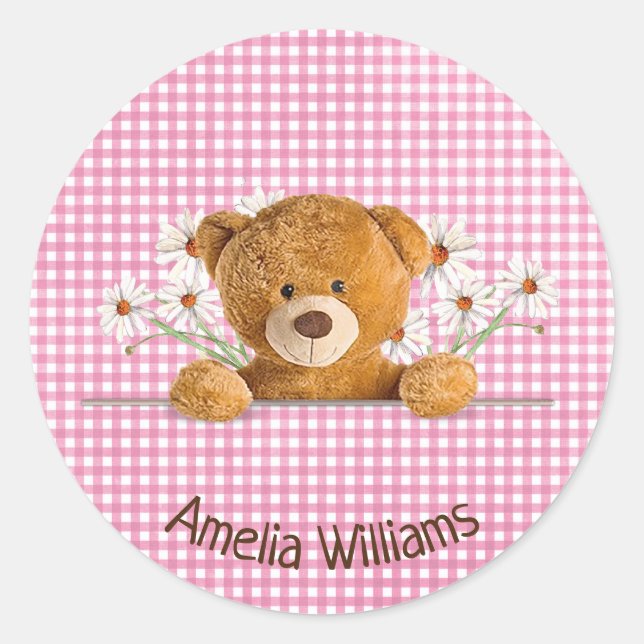 teddy bear and daisies on gingham classic round sticker (Front)