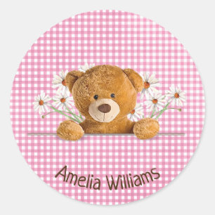 teddy bear and daisies on gingham classic round sticker