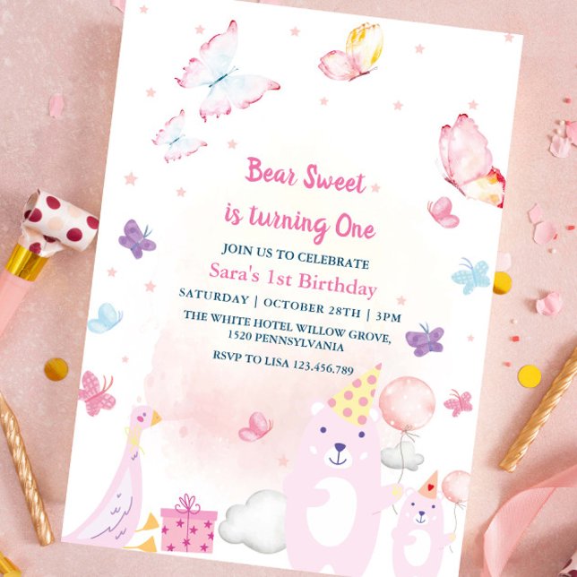 Teddy Bear and duck 1st Birthday baby Girl Invitation (Creator Uploaded)