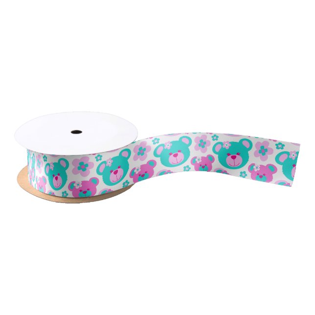 Teddy bear and flower pink aqua white ribbon satin ribbon (Spool)