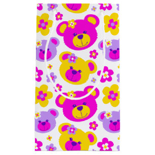 Teddy bear and flowers pink yellow white gift bag