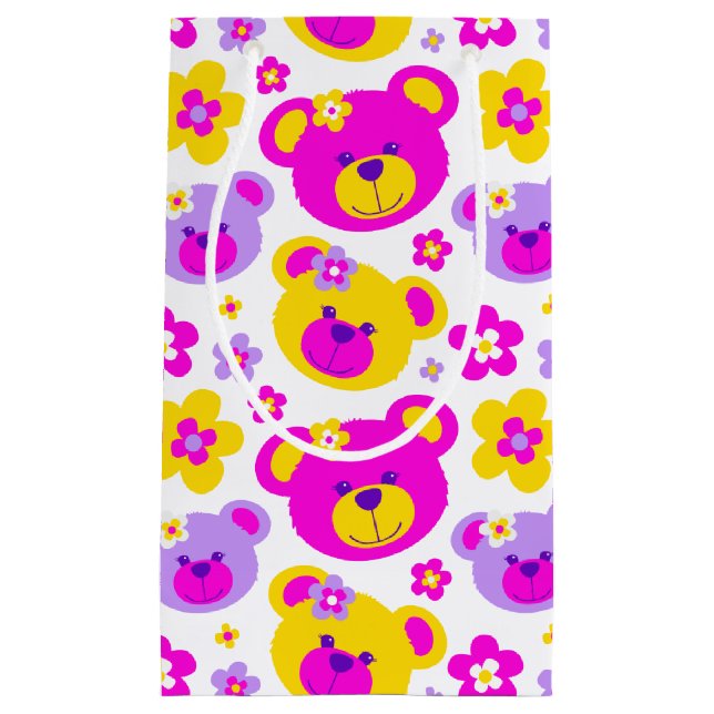 Teddy bear and flowers pink yellow white gift bag (Front)