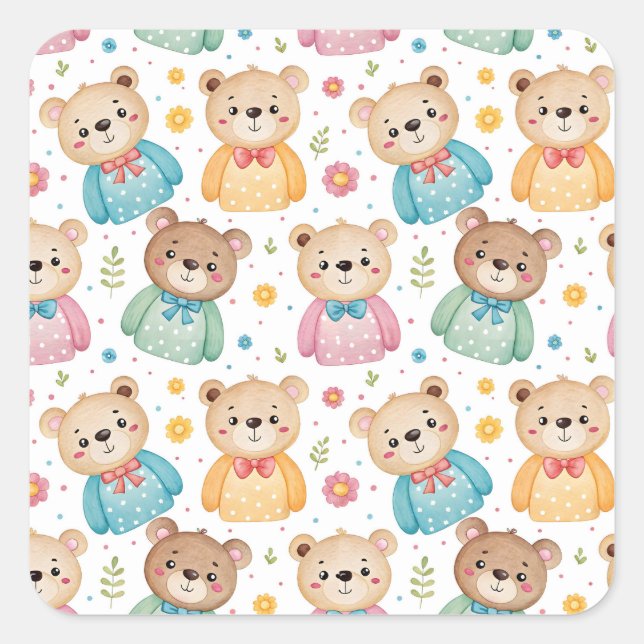 Teddy bear and flowers square sticker (Front)