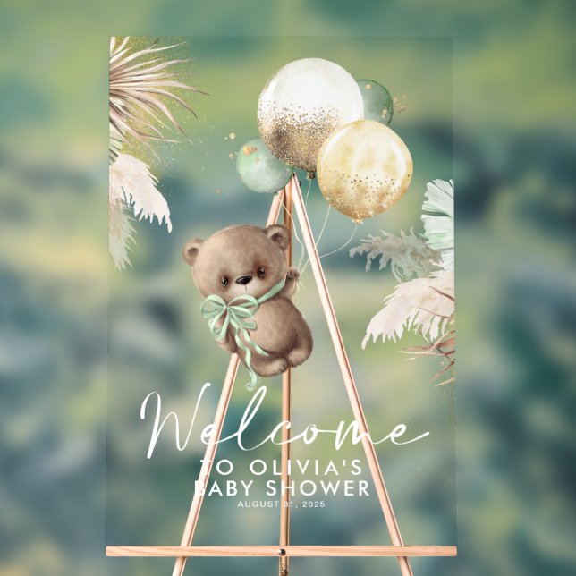 Teddy Bear and Green Balloons Baby Shower Welcome Acrylic Sign (Neutral)