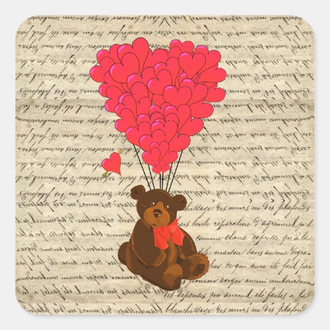 Teddy bear and heart square sticker (Front)