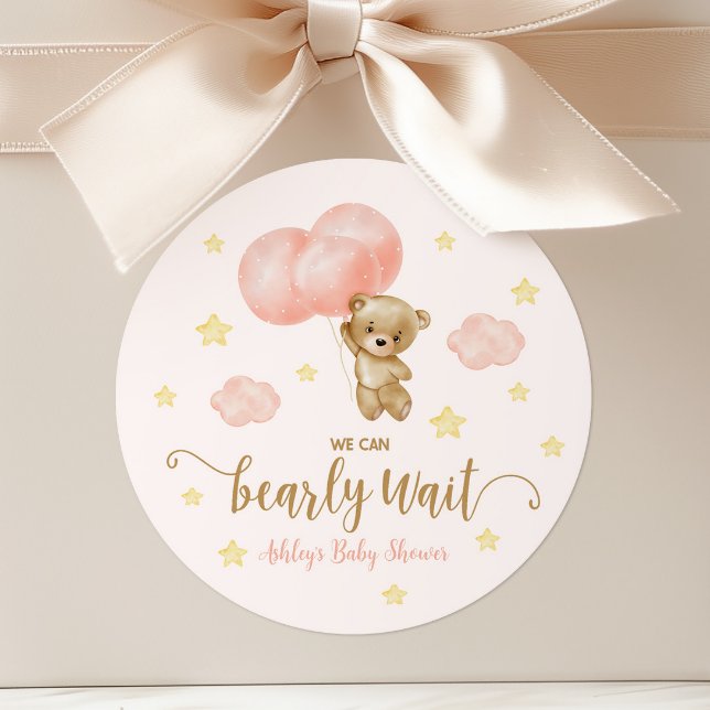 Teddy Bear and Pink Balloons Baby Shower Favour Classic Round Sticker (Creator Uploaded)