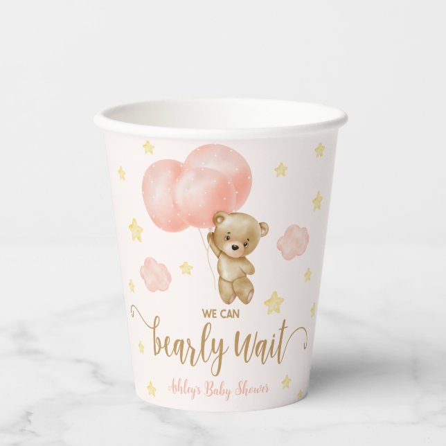 Teddy Bear and Pink Balloons Baby Shower Paper Cups (Front)