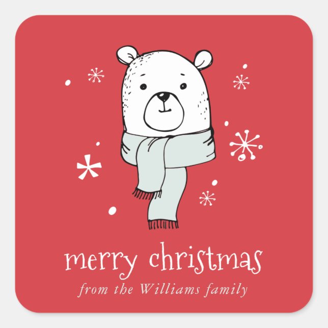 Teddy Bear and snowflakes Red Christmas Square Sticker (Front)
