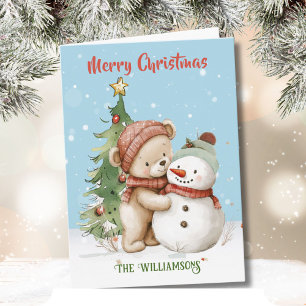 Teddy Bear and Snowman Christmas Tree  Card