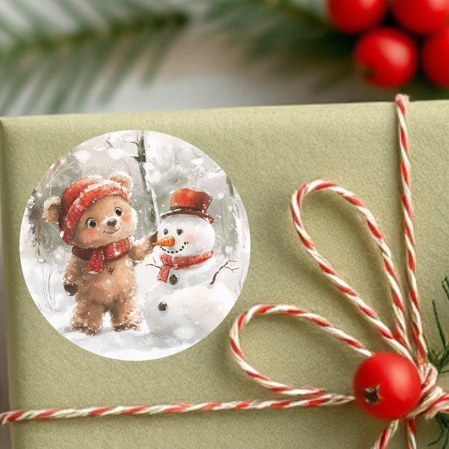 Teddy Bear and Snowman Classic Round Sticker (Creator Uploaded)