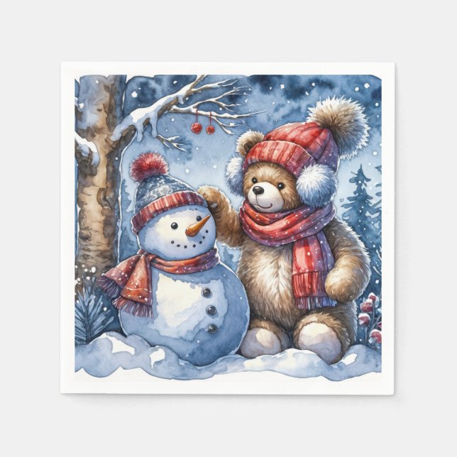 Teddy Bear and Snowman Napkin (Front)