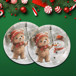 Teddy Bear and Snowman Paper Plate