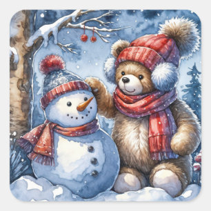 Teddy Bear and Snowman Square Sticker