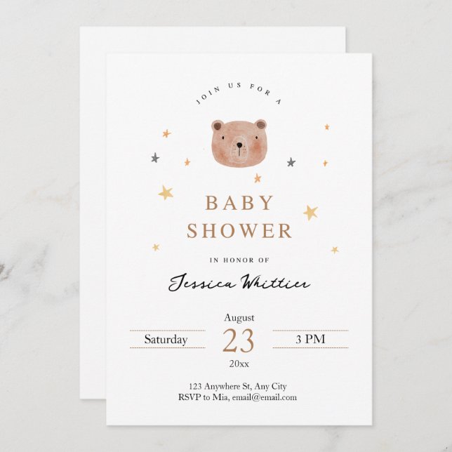 Teddy Bear and Stars Baby Shower Invitation (Front/Back)