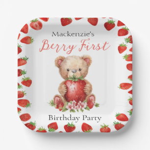 Teddy Bear and Strawberry Berry First Birthday Paper Plate