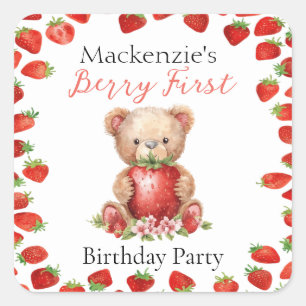 Teddy Bear and Strawberry Berry First Birthday Square Sticker
