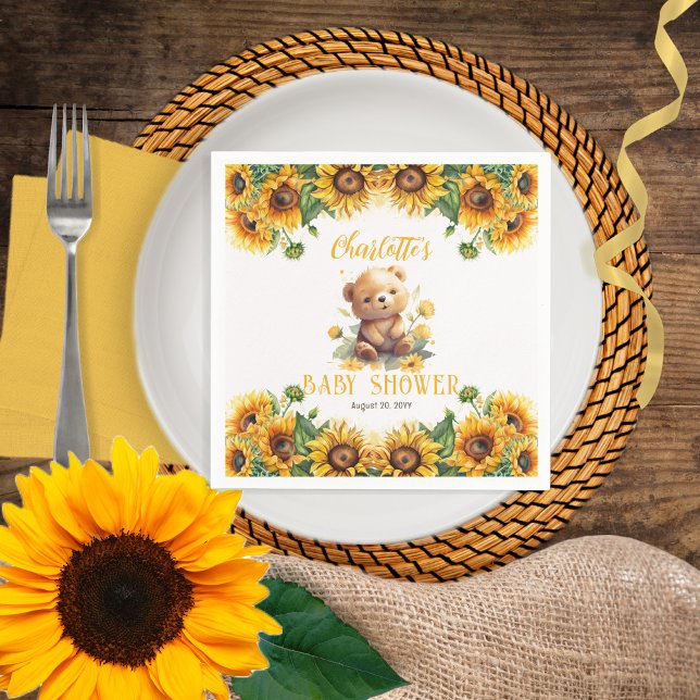 Teddy Bear and Sunflowers Baby Shower Napkin (Creator Uploaded)