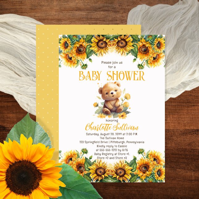 Teddy Bear and Sunflowers Girl Baby Shower Invitation (Creator Uploaded)