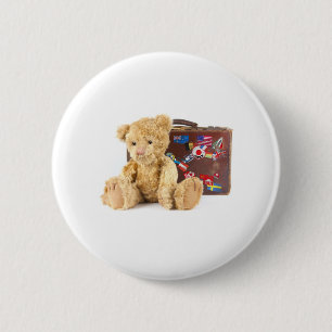 teddy bear and vintage old suitcase with world sti 6 cm round badge