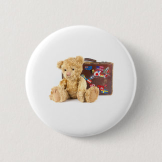 teddy bear and vintage old suitcase with world sti 6 cm round badge