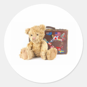 teddy bear and vintage old suitcase with world sti classic round sticker