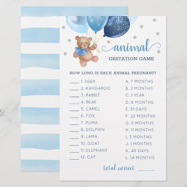 Teddy Bear Animal Gestation Game Baby Shower (Front/Back)