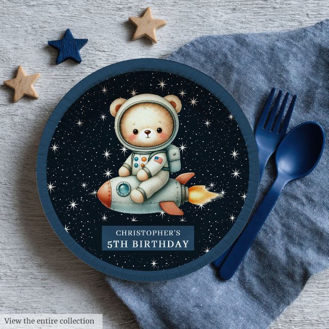 Teddy Bear Astronaut Baby Boy Birthday Custom Paper Plate (Teddy Bear Astronaut Baby Boy Birthday Custom Paper Plates)