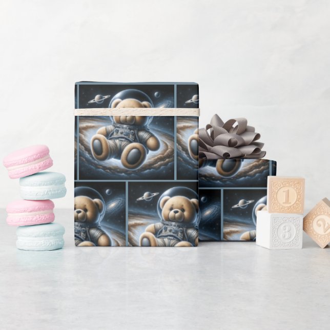 Teddy Bear Astronaut In Outer Space Wrapping Paper (Baby Shower)
