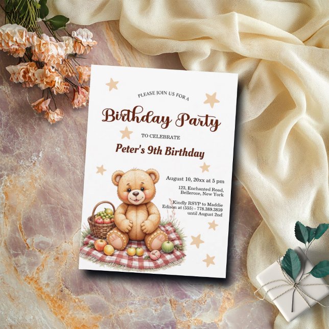 Teddy Bear at Picnic 9th Birthday Party Invitation (Creator Uploaded)