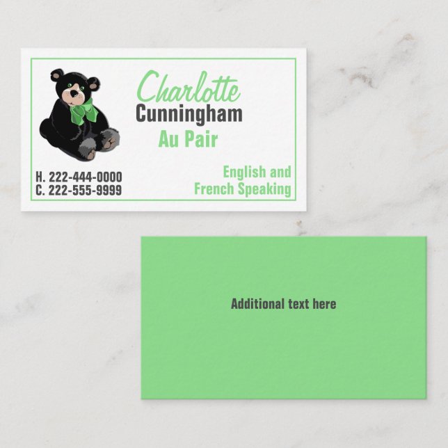 Teddy Bear Au Pair Custom Business Card (Front/Back)