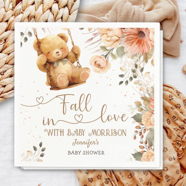 Teddy Bear Autumn Baby Shower Fall in Love Paper Napkin (Creator Uploaded)