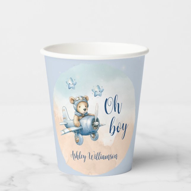 Teddy Bear Aviator Oh Boy Baby Shower  Paper Cups (Front)