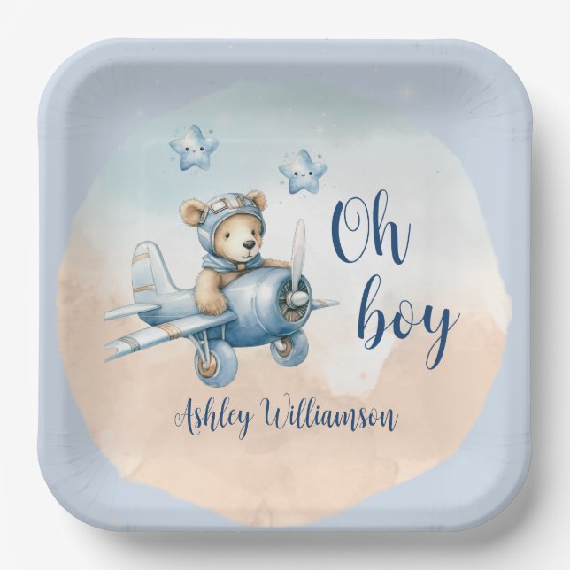 Teddy Bear Aviator Oh Boy Baby Shower  Paper Plate (Front)