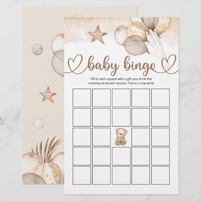Teddy Bear Baby Bear Baby Shower Bingo Game (Front/Back)