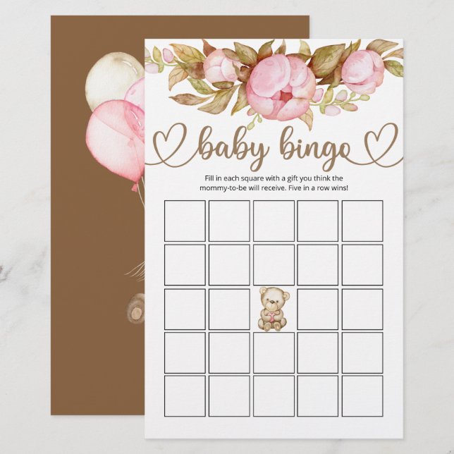 Teddy Bear Baby Bear Baby Shower Bingo Game (Front/Back)