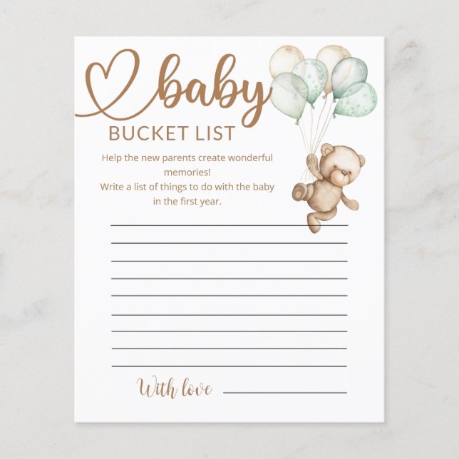 Teddy Bear Baby Bear Baby Shower Bucket List (Front)