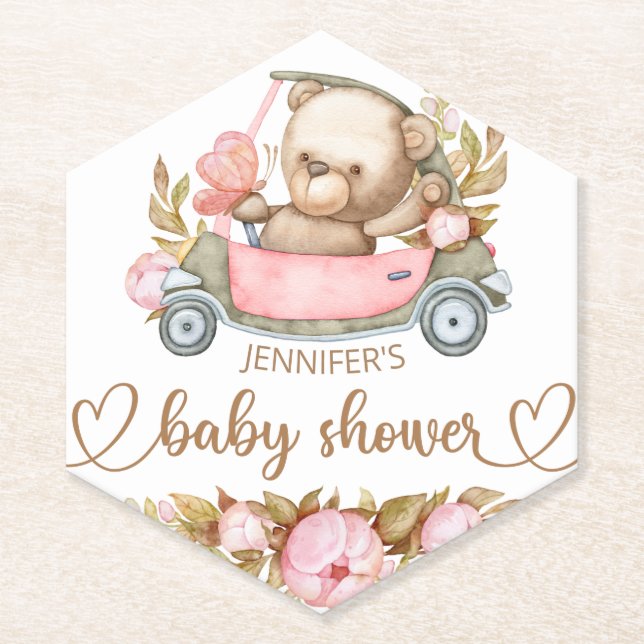 Teddy Bear Baby Bear Baby Shower Floral  Paper Coa Paper Coaster (Front)