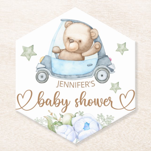 Teddy Bear Baby Bear Baby Shower Floral  Paper Paper Coaster (Front)