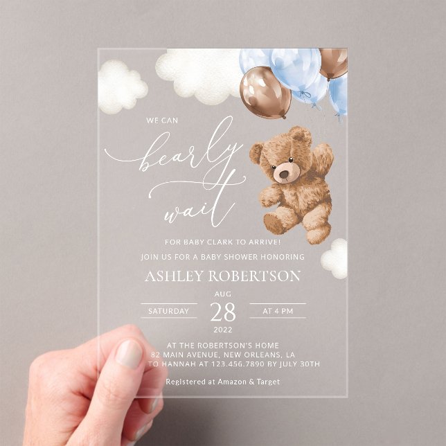 Teddy Bear, Baby Bear, Blue Balloons, Baby Shower Acrylic Invitations (Insitu (Handheld))