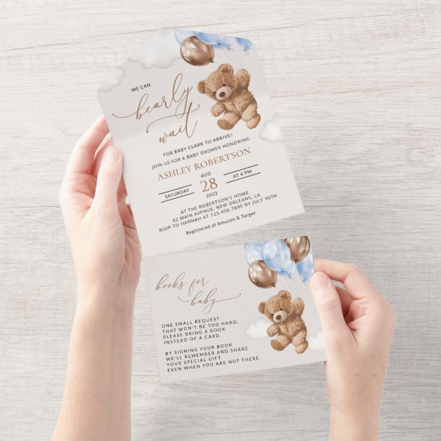 Teddy Bear, Baby Bear, Blue Balloons, Baby Shower All In One Invitation (Tearaway)