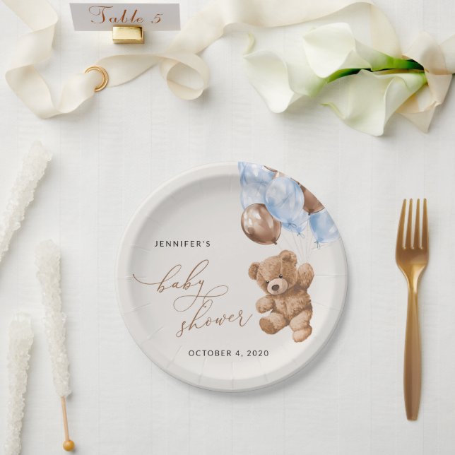 Teddy Bear, Baby Bear, Blue Balloons, Baby Shower Paper Plate (Wedding)