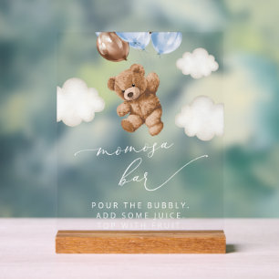 Teddy Bear, Baby Bear, Blue Balloons, Momosa Bar Acrylic Sign