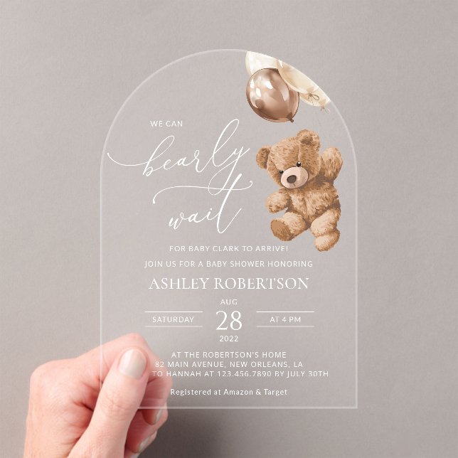 Teddy Bear, Baby Bear, Brown Balloons, Baby Shower Acrylic Invitations (Insitu (Handheld))