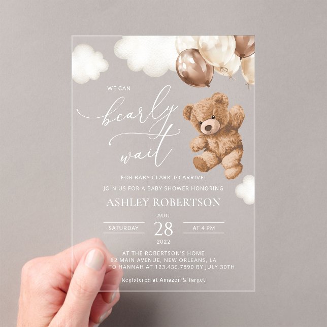 Teddy Bear, Baby Bear, Brown Balloons, Baby Shower Acrylic Invitations (Insitu (Handheld))