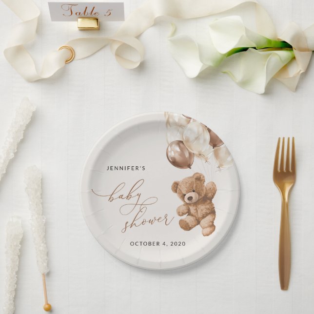 Teddy Bear, Baby Bear, Brown Balloons, Baby Shower Paper Plate (Wedding)