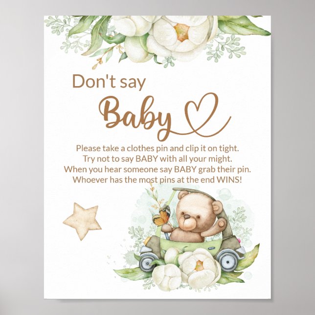 Teddy bear baby bear don't say baby shower game po poster (Front)