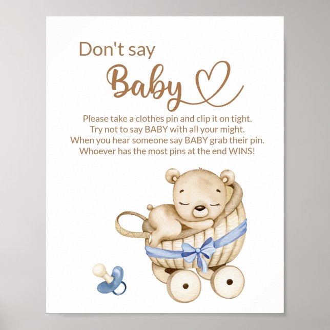 Teddy bear baby bear don't say baby shower game poster (Front)