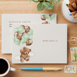 Teddy Bear, Baby Bear, Green Balloons, Baby Shower Envelope