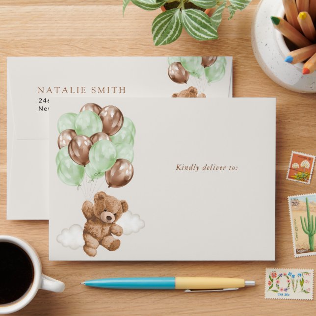 Teddy Bear, Baby Bear, Green Balloons, Baby Shower Envelope (Desk)